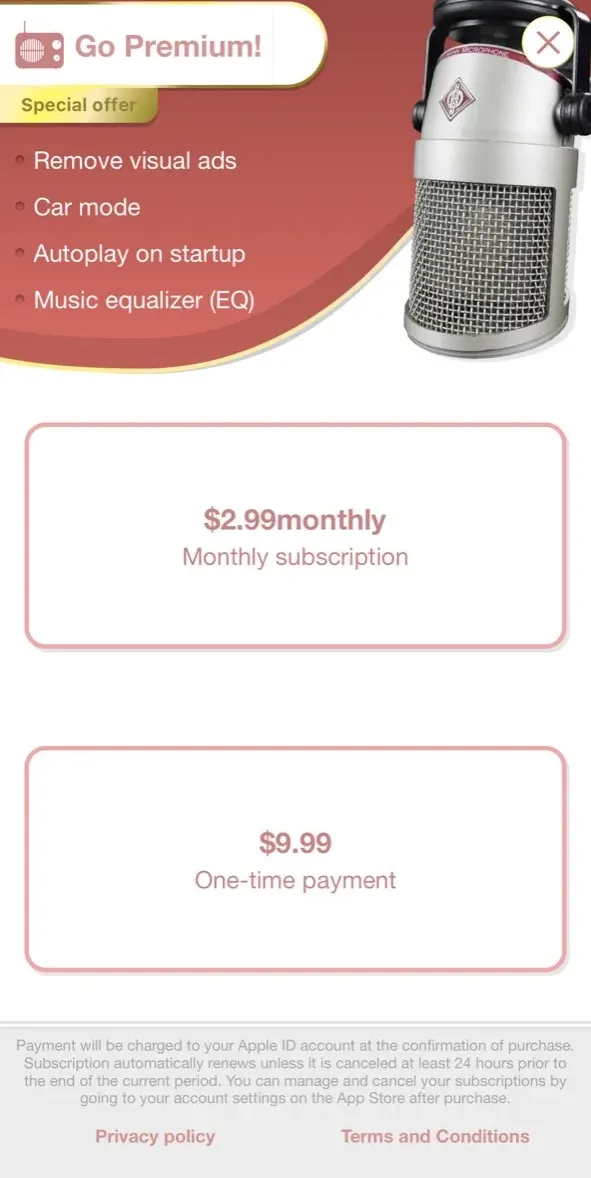 The paywall screen of the myTuner Radio app