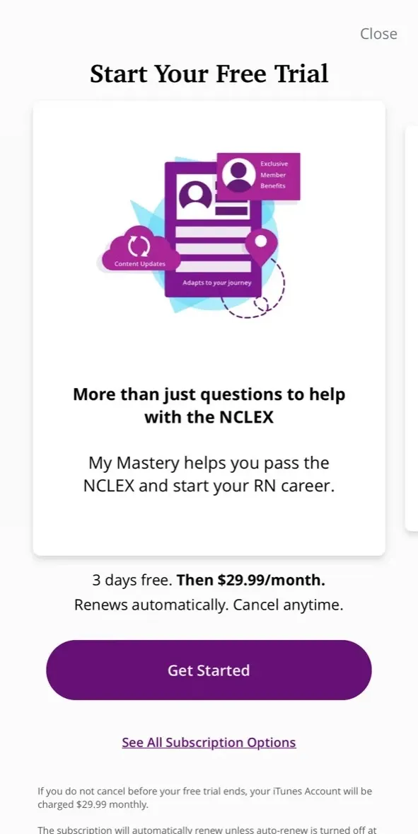 The paywall screen of the NCLEX RN Mastery Prep app