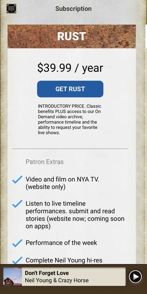 The paywall screen of the Neil Young Archives app