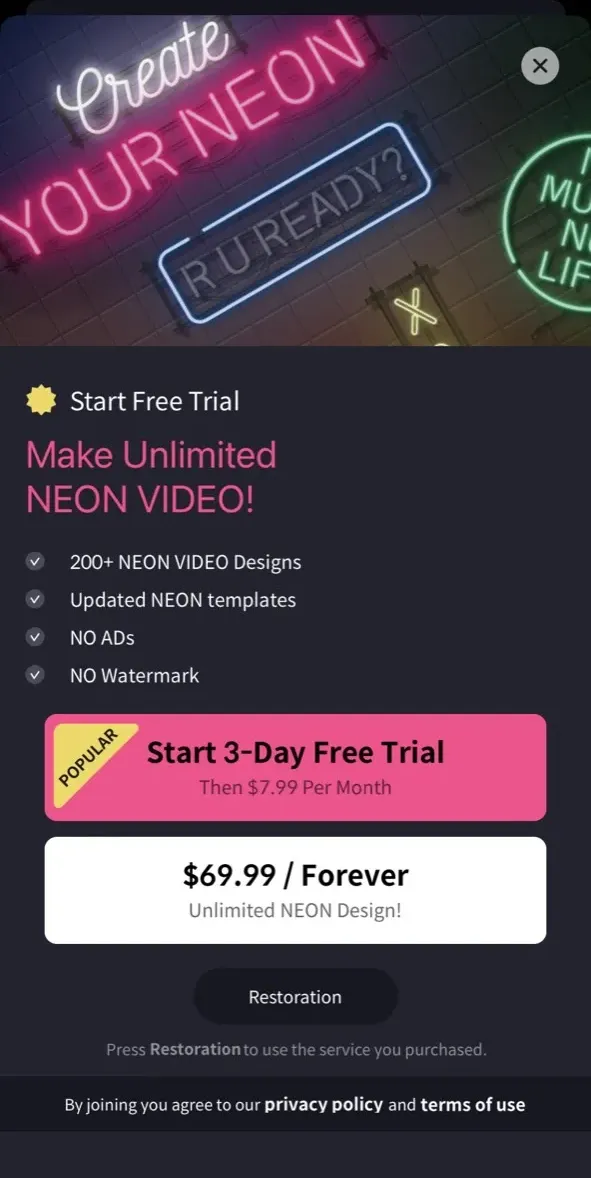 The paywall screen of the NEON GIF+TEXT Video app