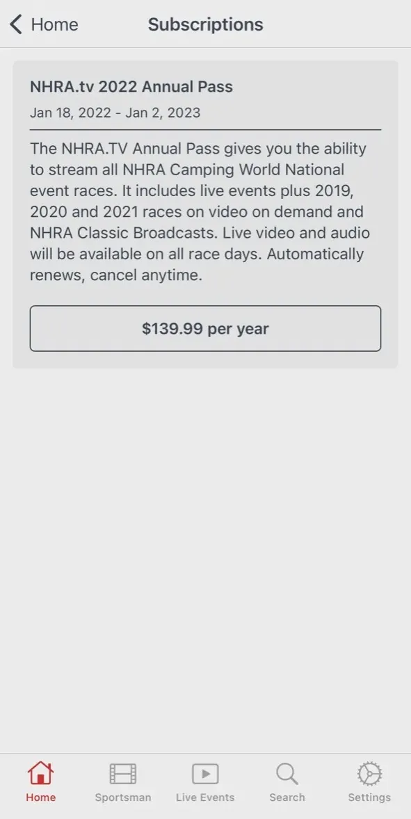 The paywall screen of the NHRA.tv app