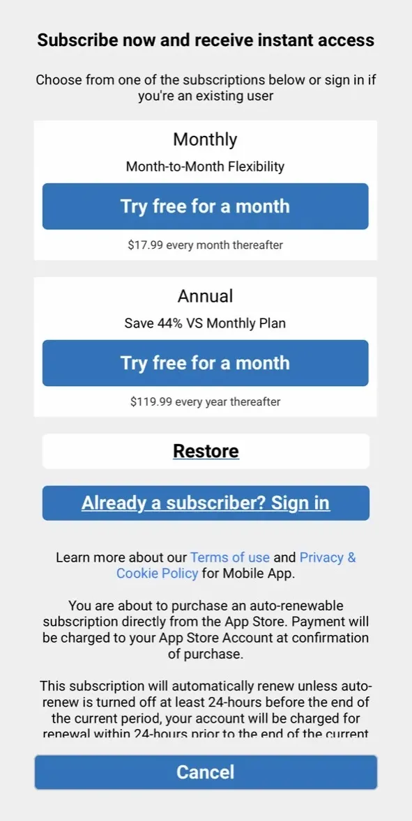 The paywall screen of the true app