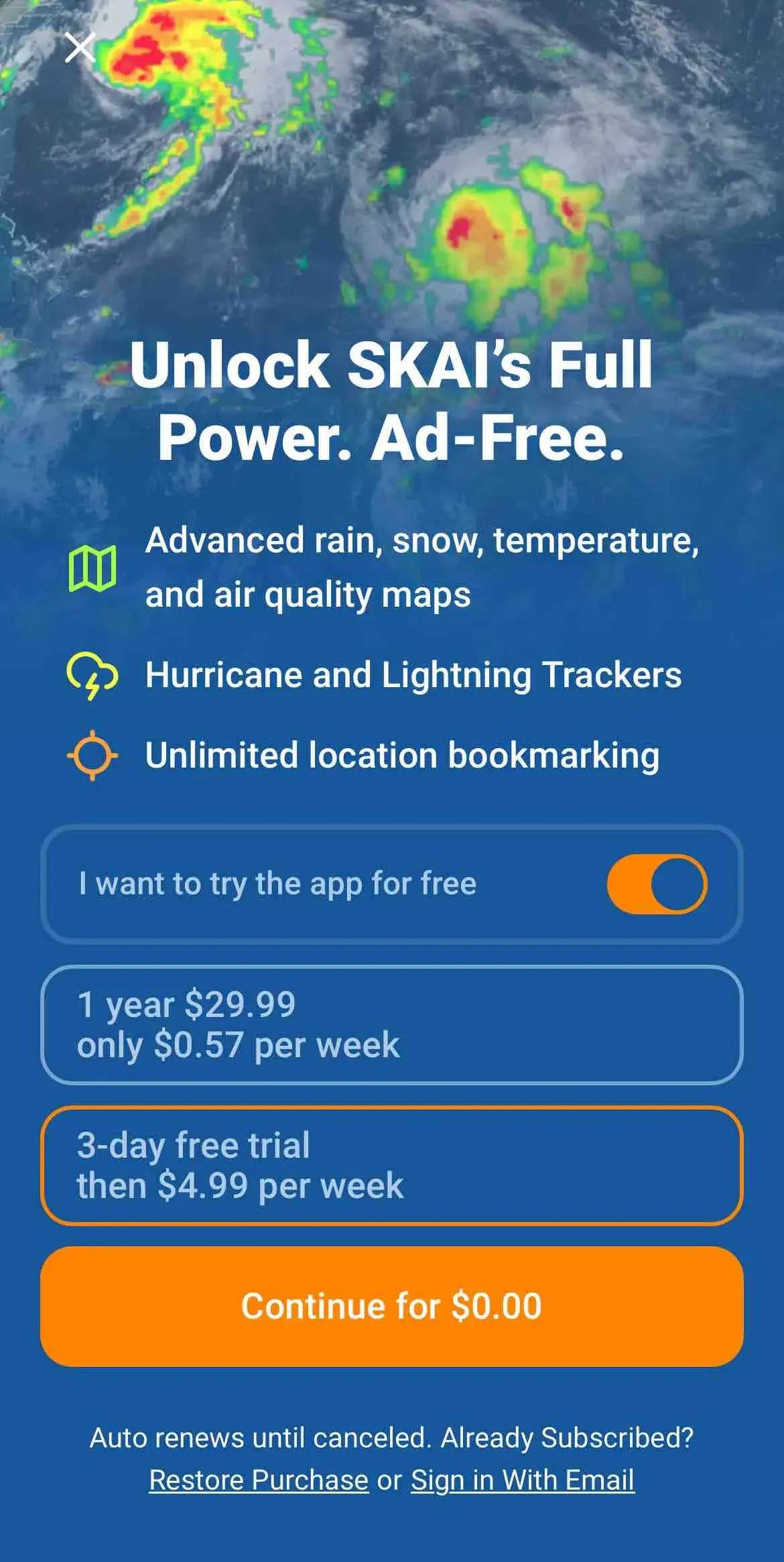 The paywall screen of the true app