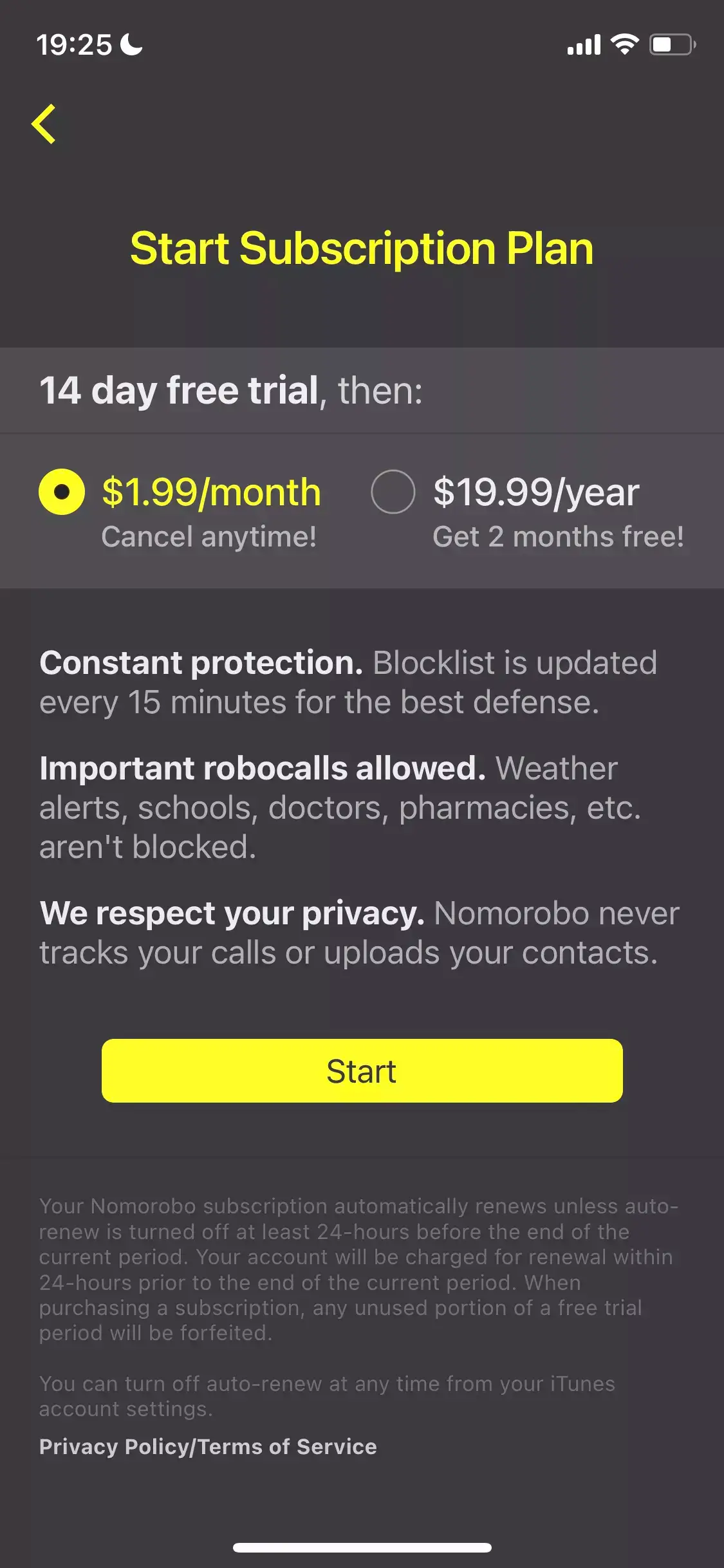 The paywall screen of the Nomorobo app