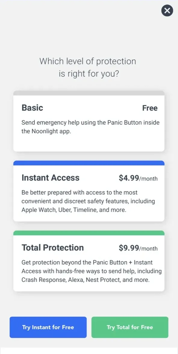 The paywall screen of the Noonlight app