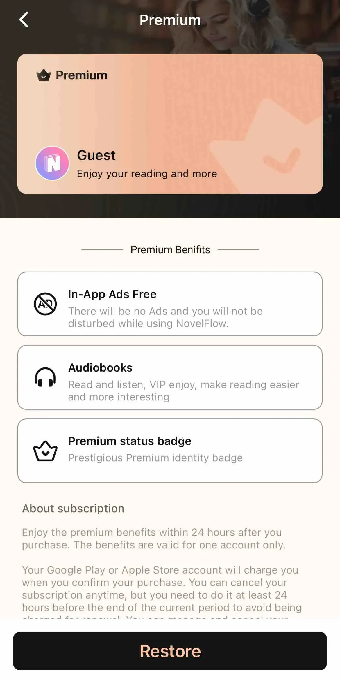 The paywall screen of the NovelFlow app