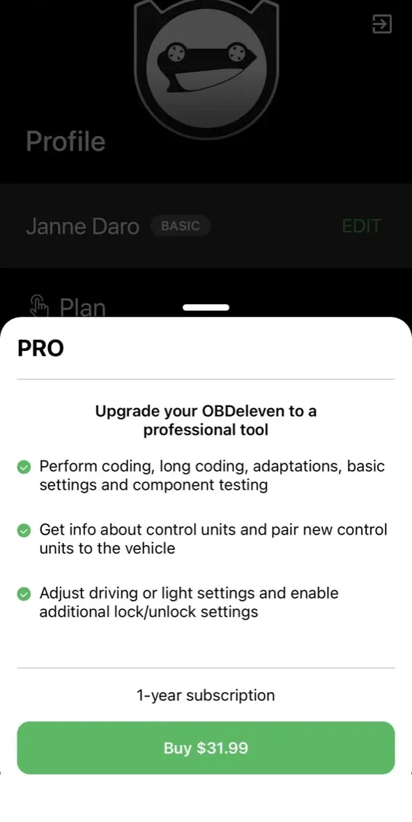 The paywall screen of the OBDeleven VAG Car app