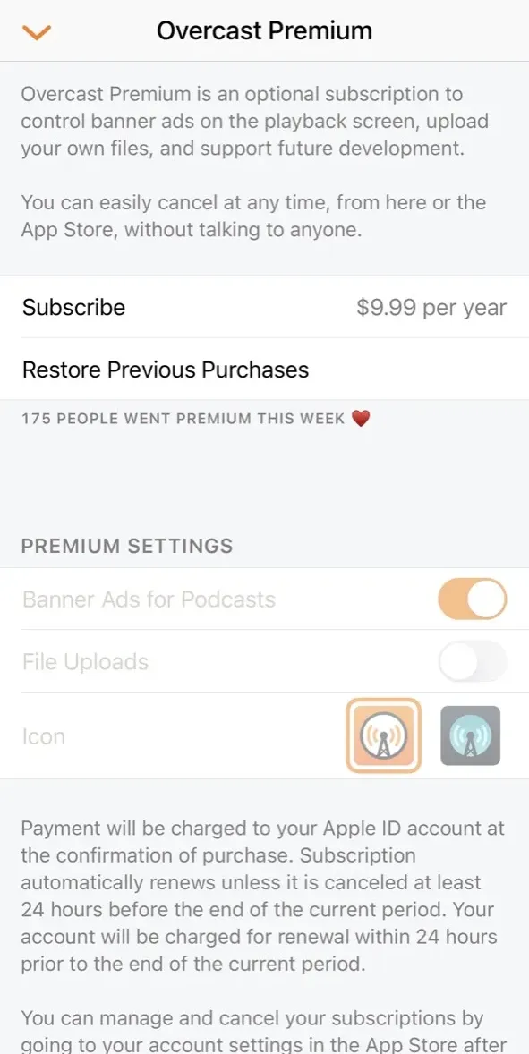 The paywall screen of the Overcast app