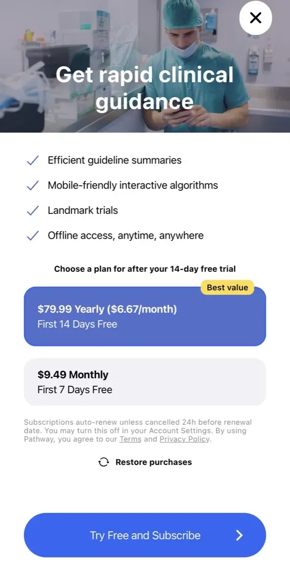 The paywall screen of the Pathway app