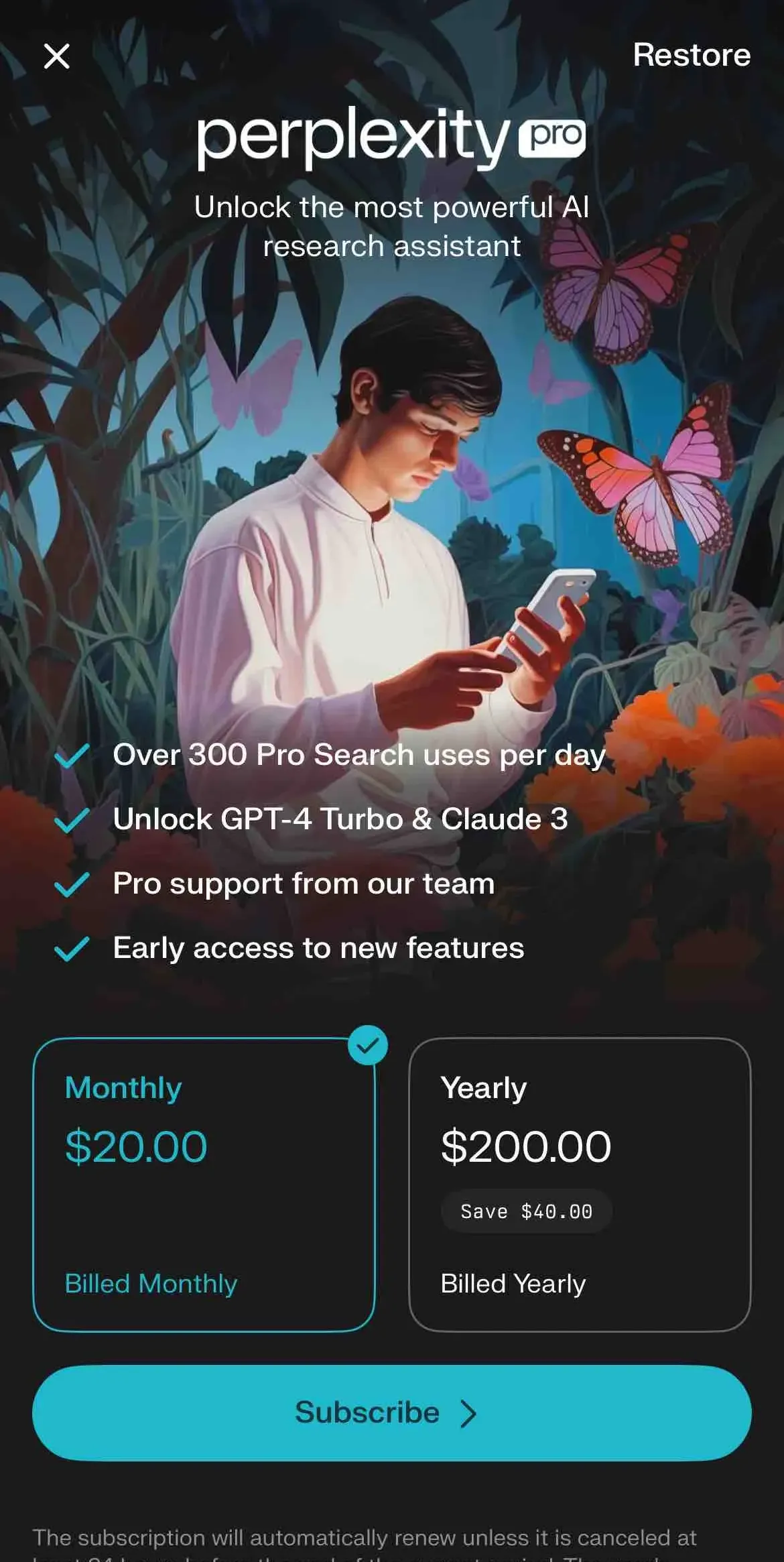 The paywall screen of the Perplexity app