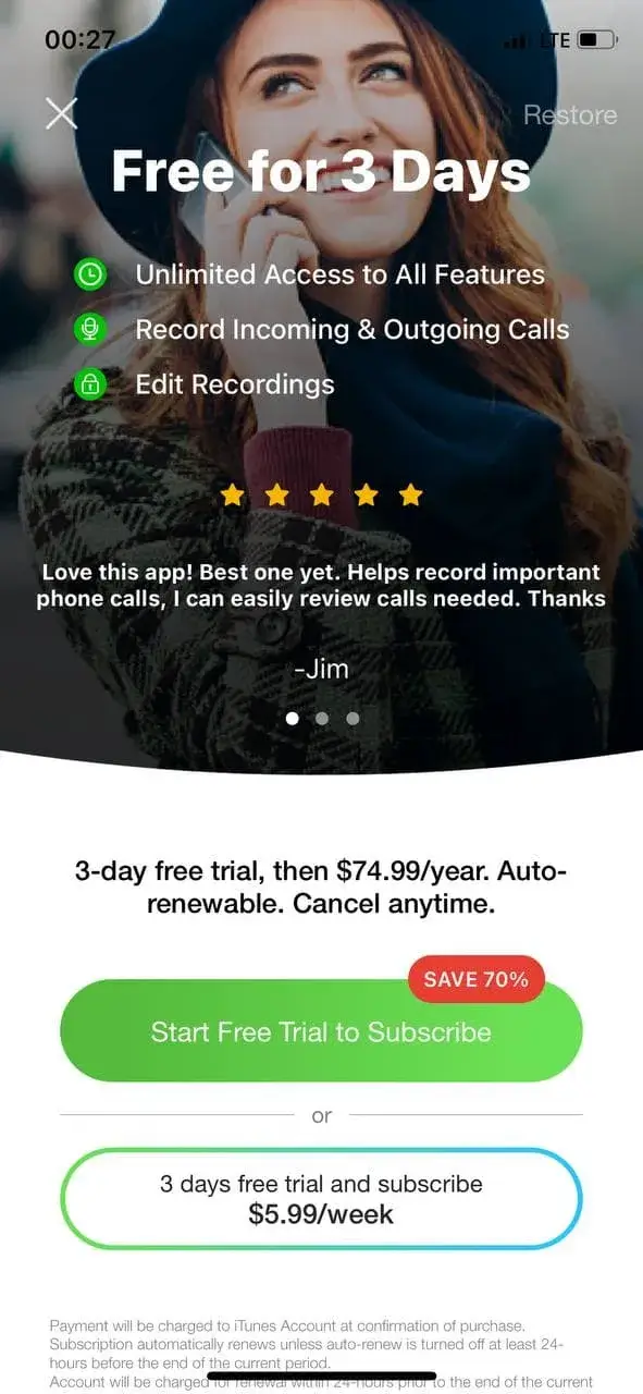 The paywall screen of the Phone Call Recorder-Recording app