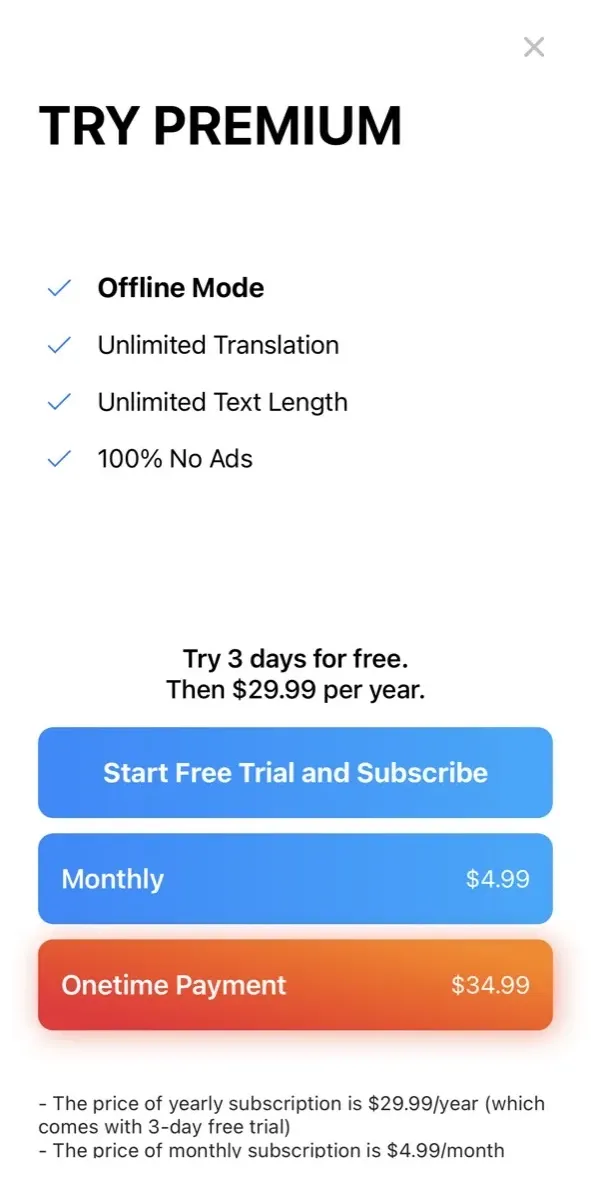 The paywall screen of the true app