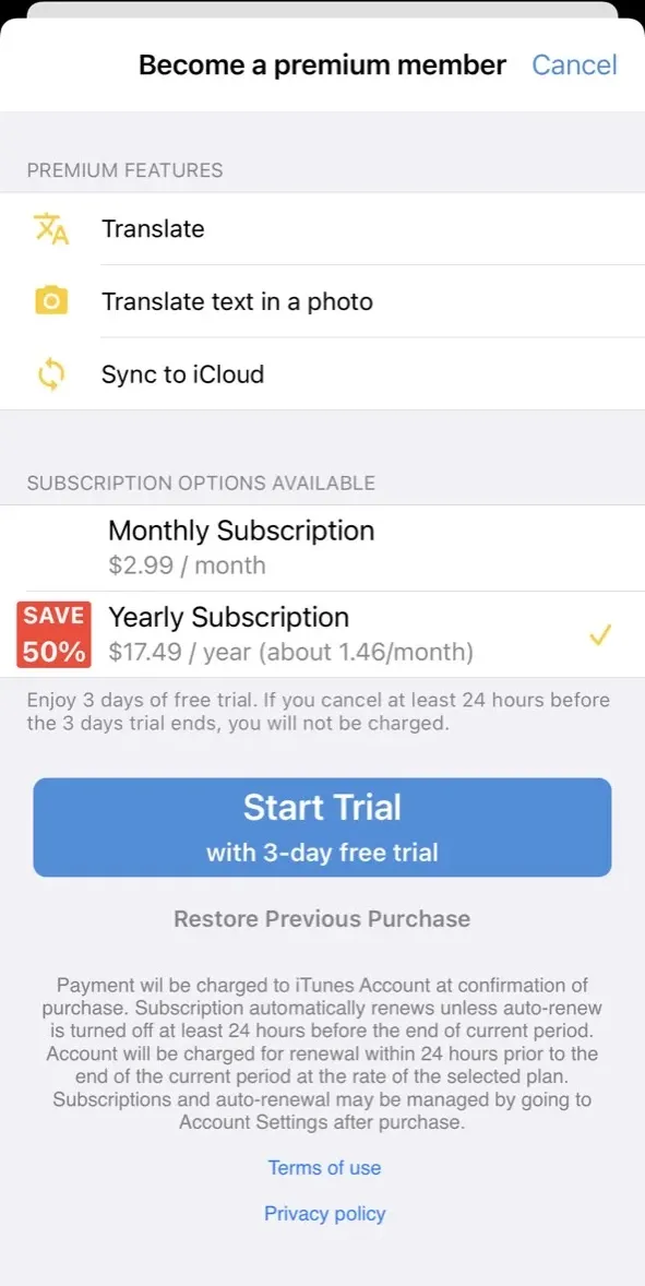The paywall screen of the Photo Translator app