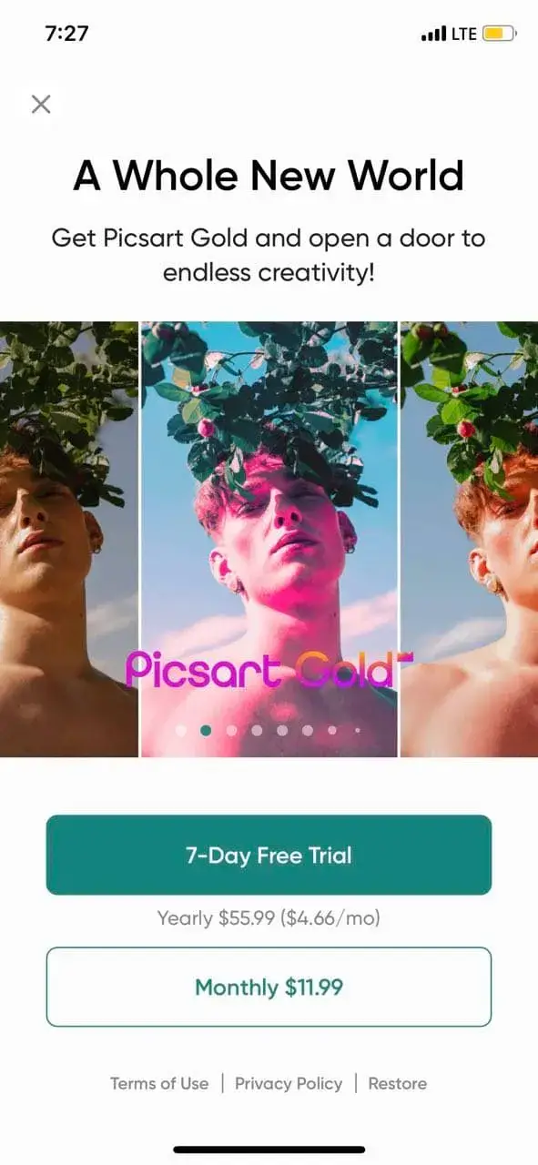 The paywall screen of the Picsart app