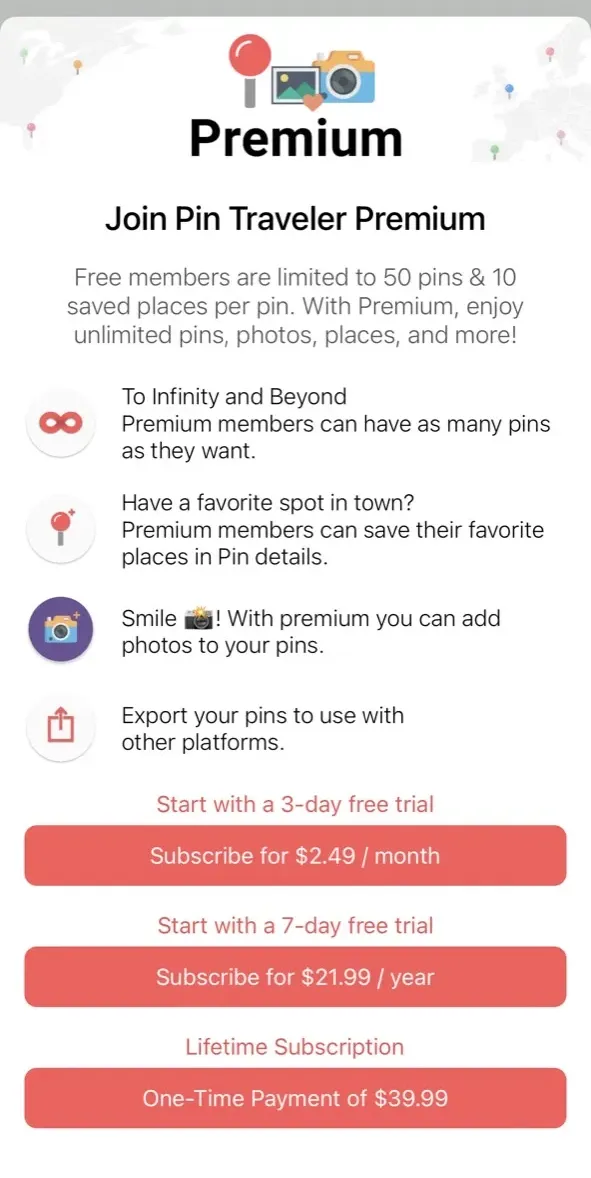 The paywall screen of the Pin Traveler app