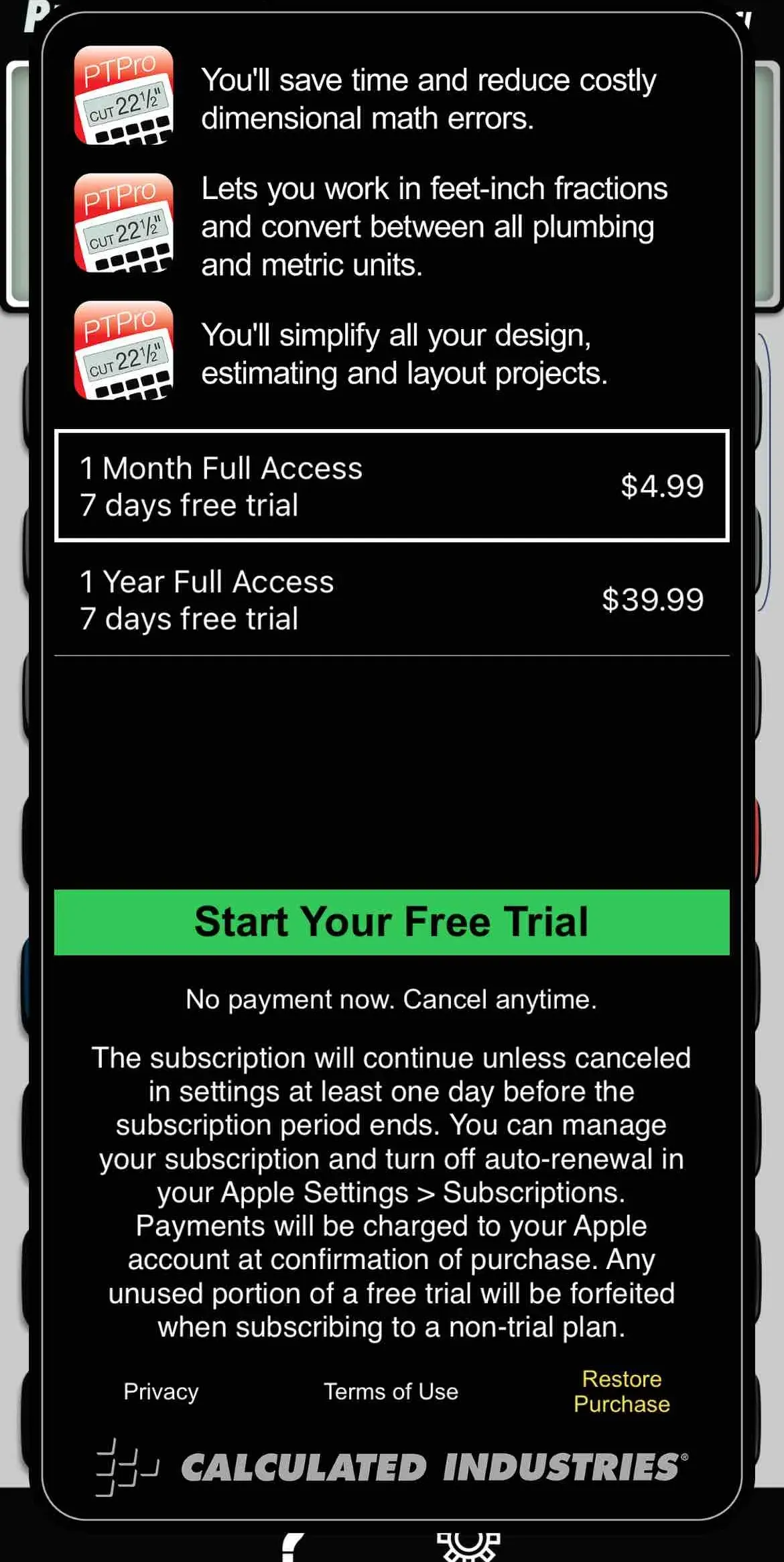 The paywall screen of the true app