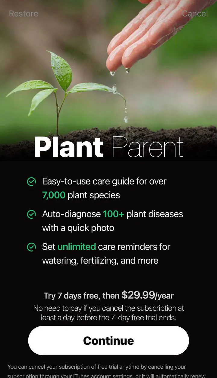 The paywall screen of the Plant Parent app