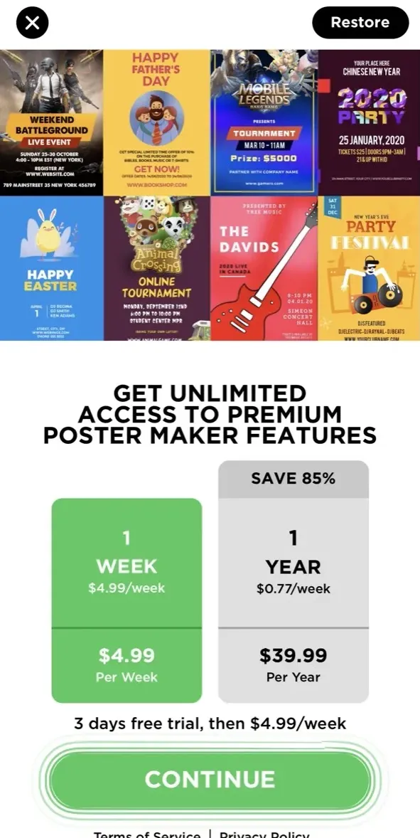 The paywall screen of the Poster Maker app