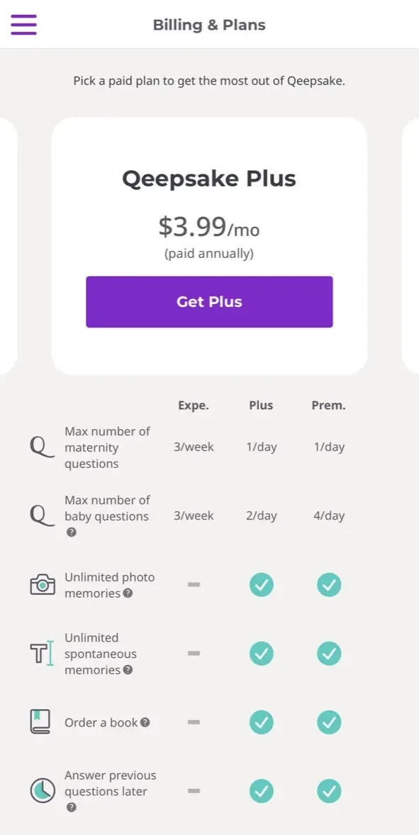 The paywall screen of the Qeepsake app