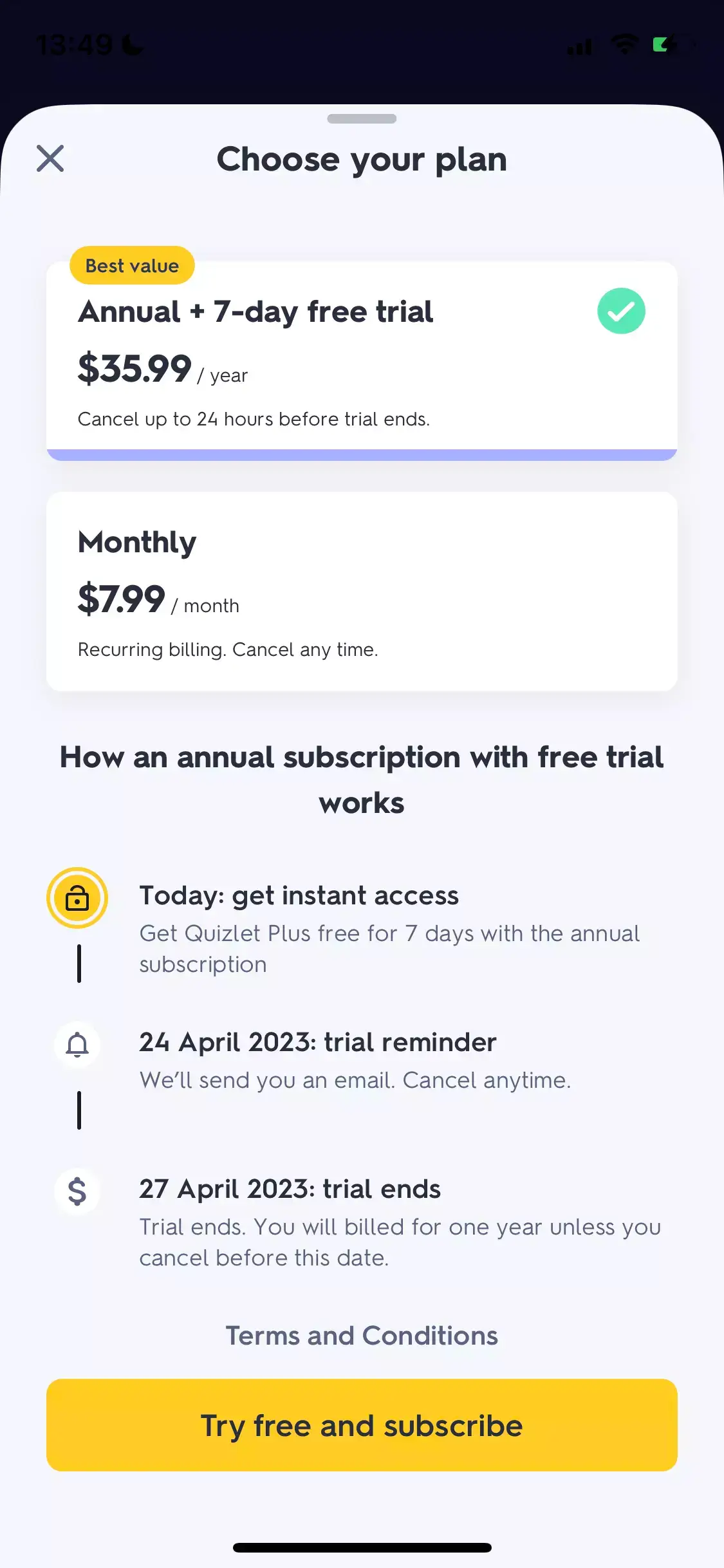 The paywall screen of the Quizlet app