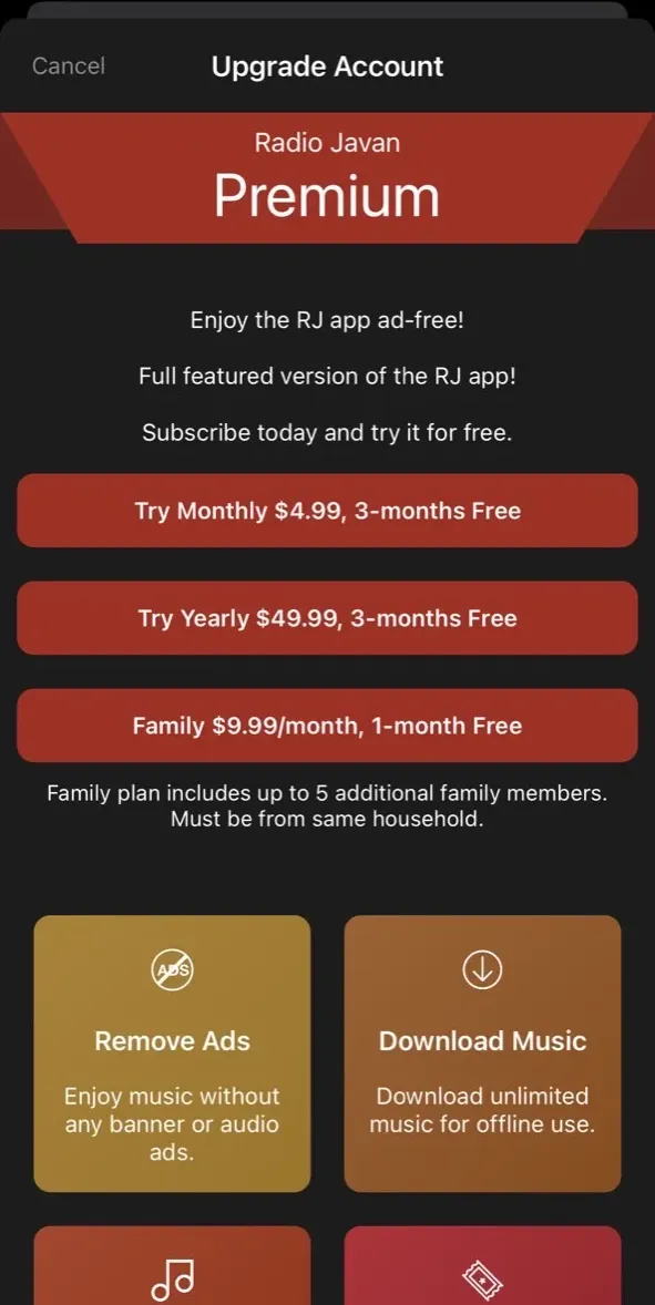 The paywall screen of the true app