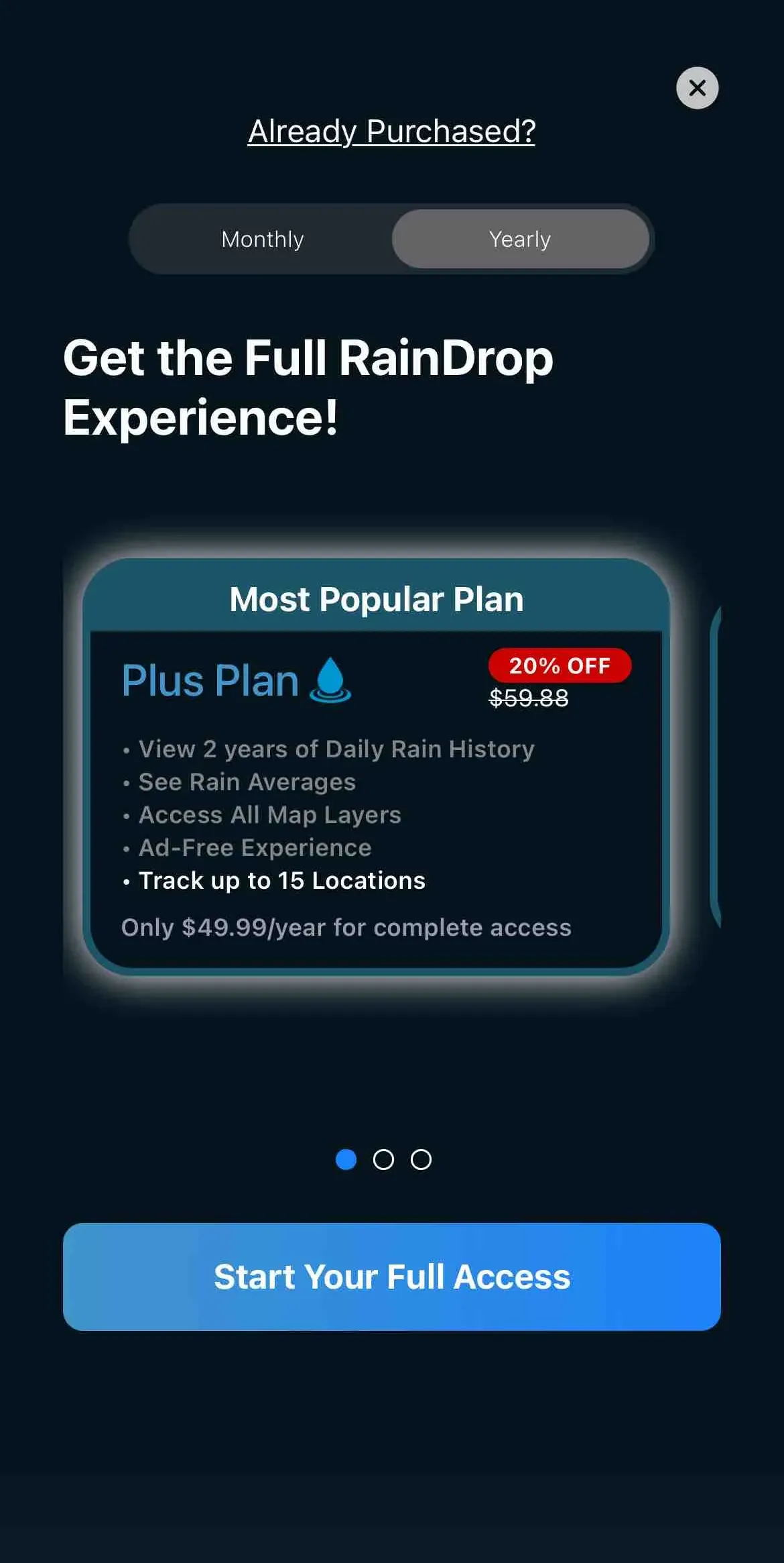 The paywall screen of the RainDrop app