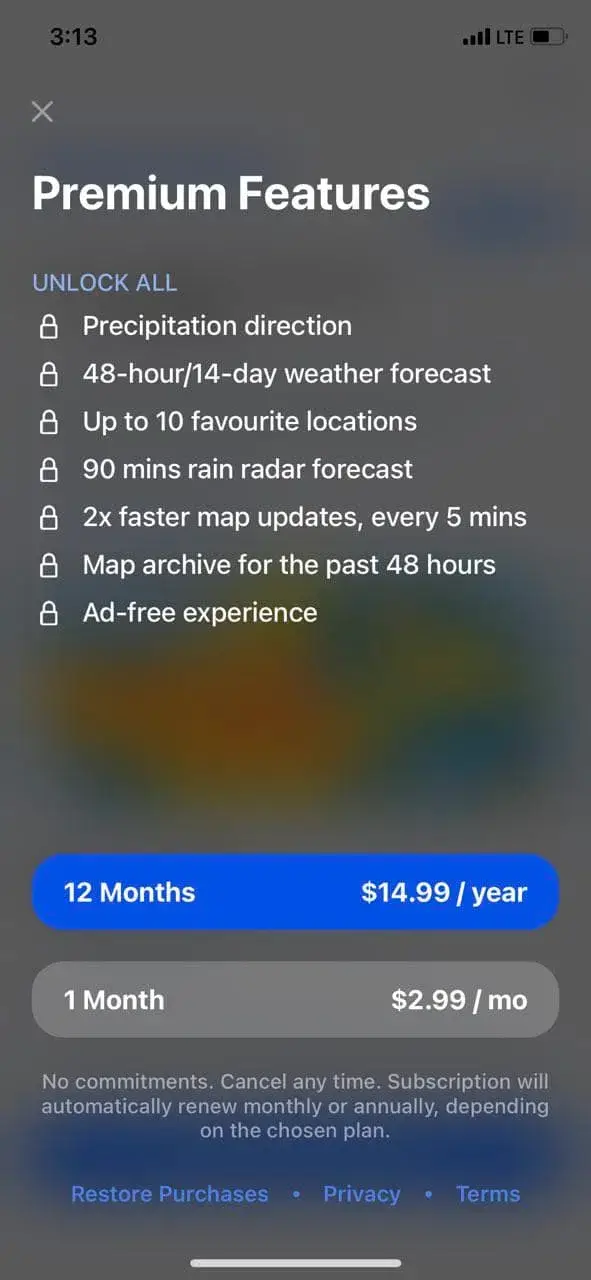 The paywall screen of the Rain Viewer app