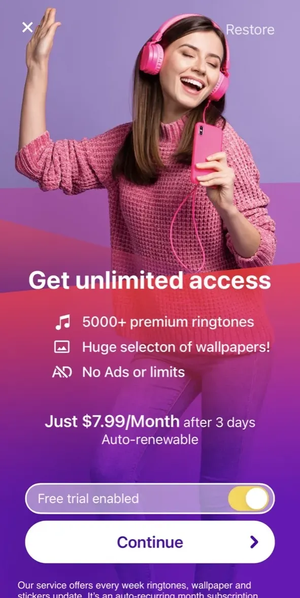 The paywall screen of the true app