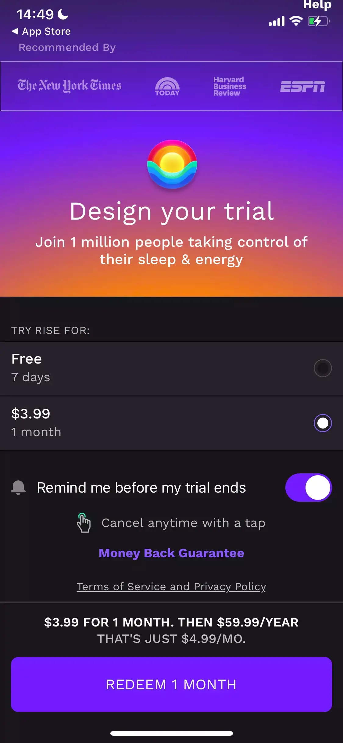 The paywall screen of the RISE app