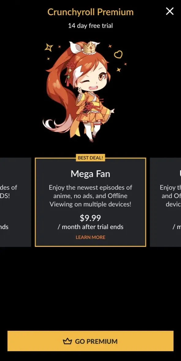 The paywall screen of the Crunchyroll app