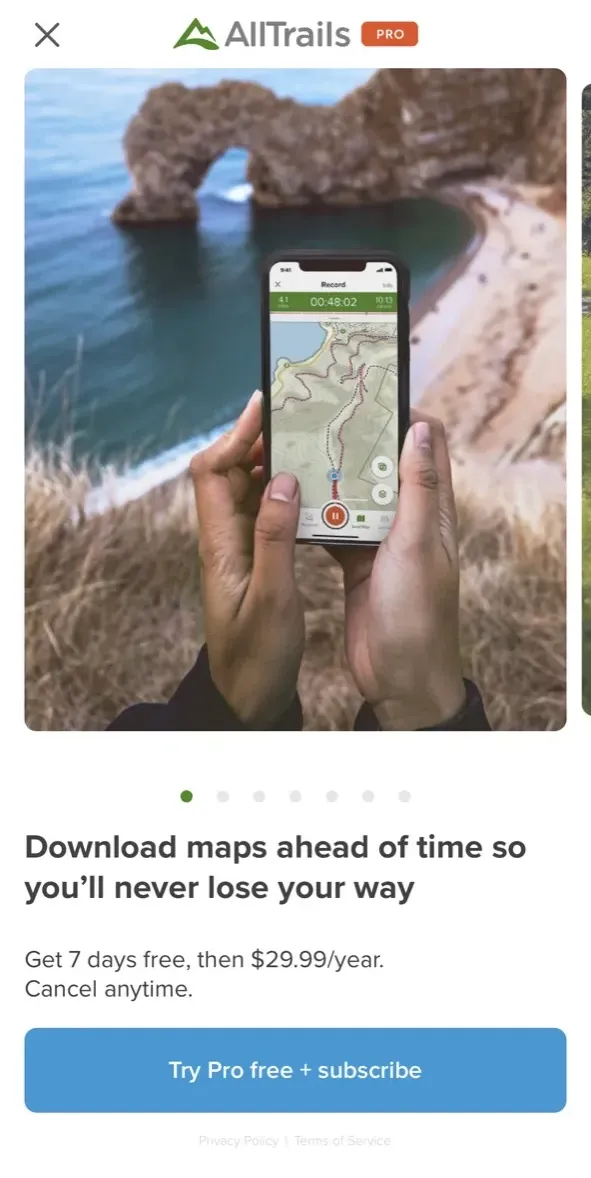 The paywall screen of the AllTrails app