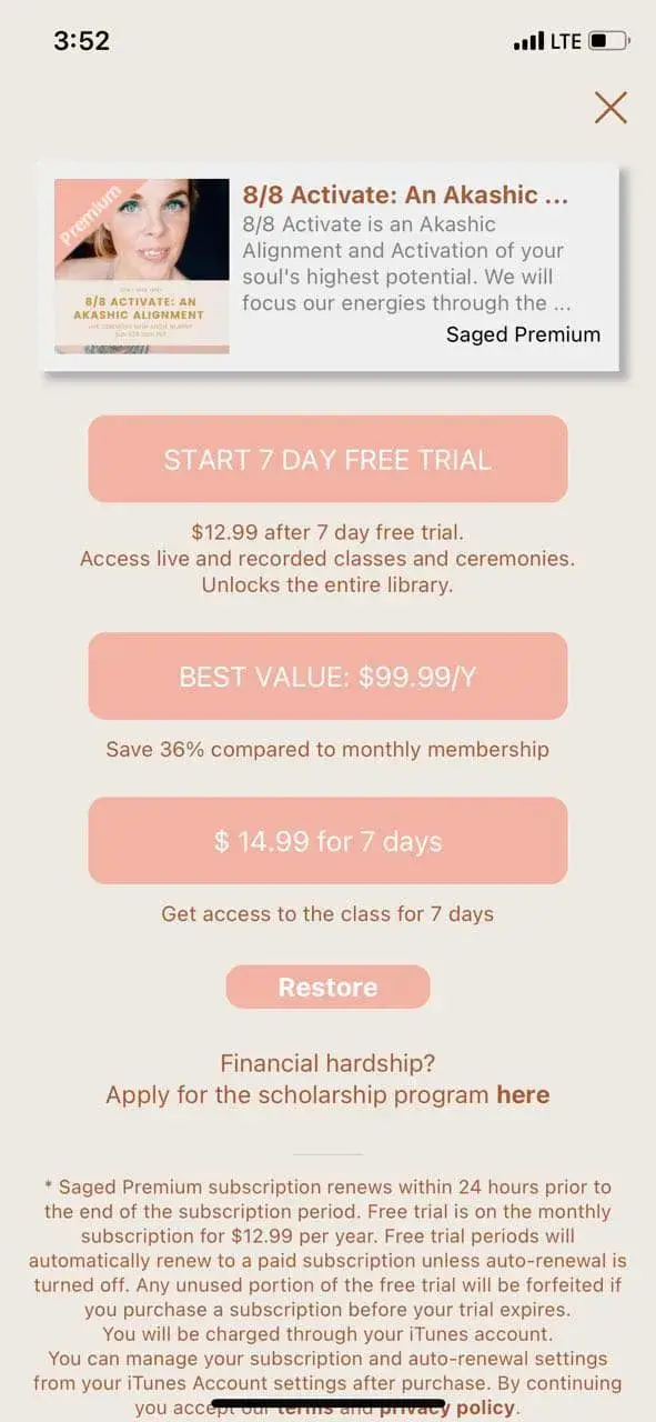 The paywall screen of the true app