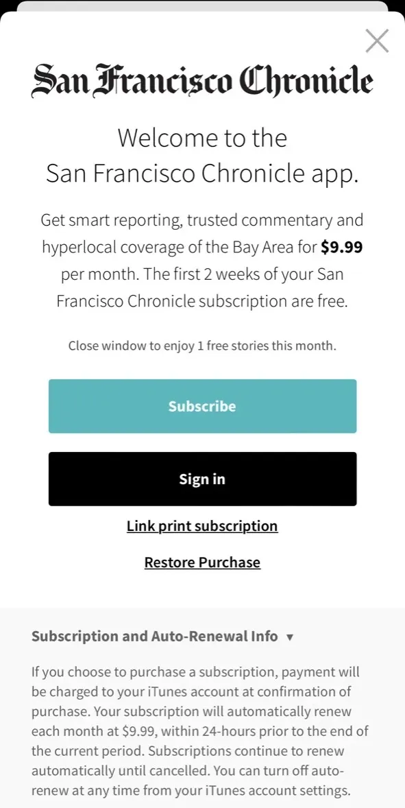 The paywall screen of the San Francisco Chronicle app