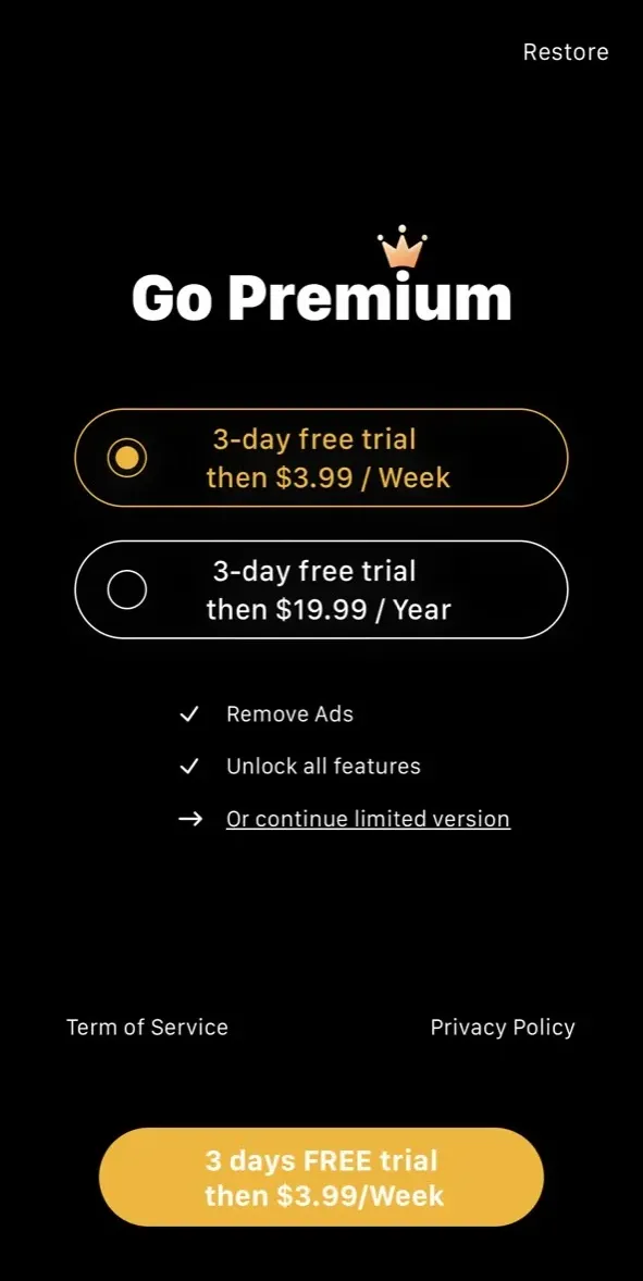 The paywall screen of the true app