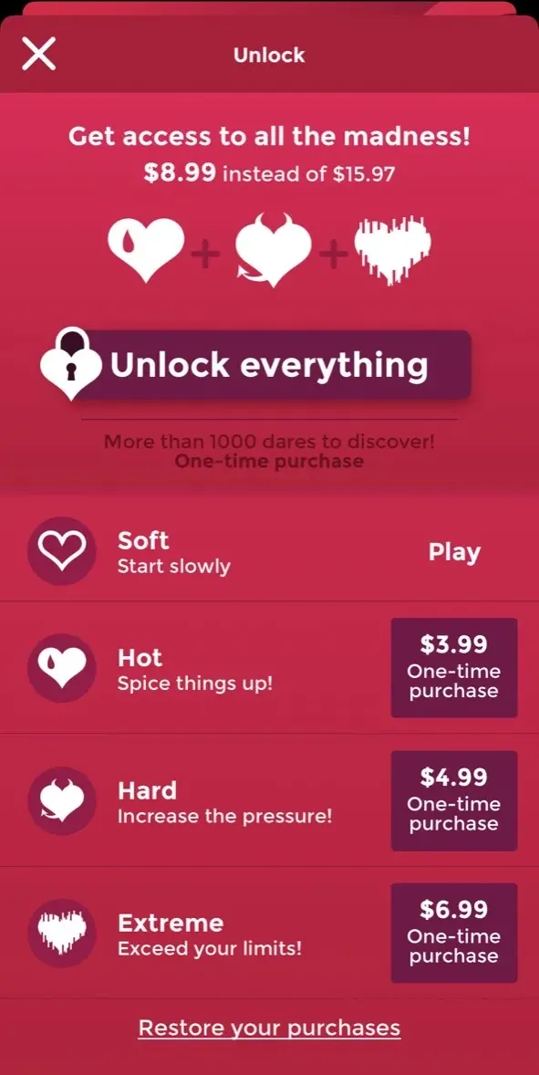 The paywall screen of the Sex Games for Couples app