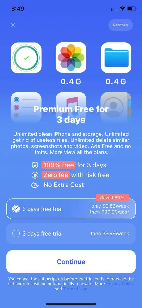 The paywall screen of the Simple Cleaner-Clean Storage app