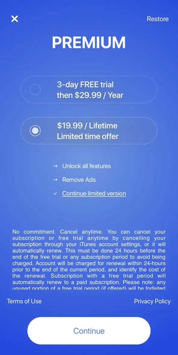 The paywall screen of the true app