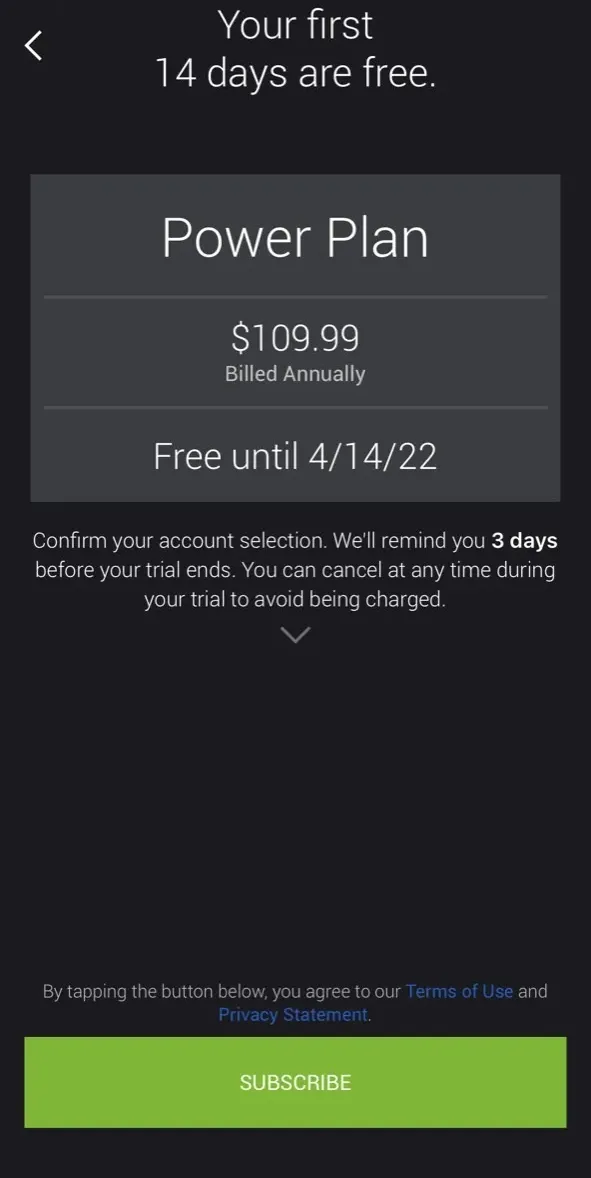 The paywall screen of the true app