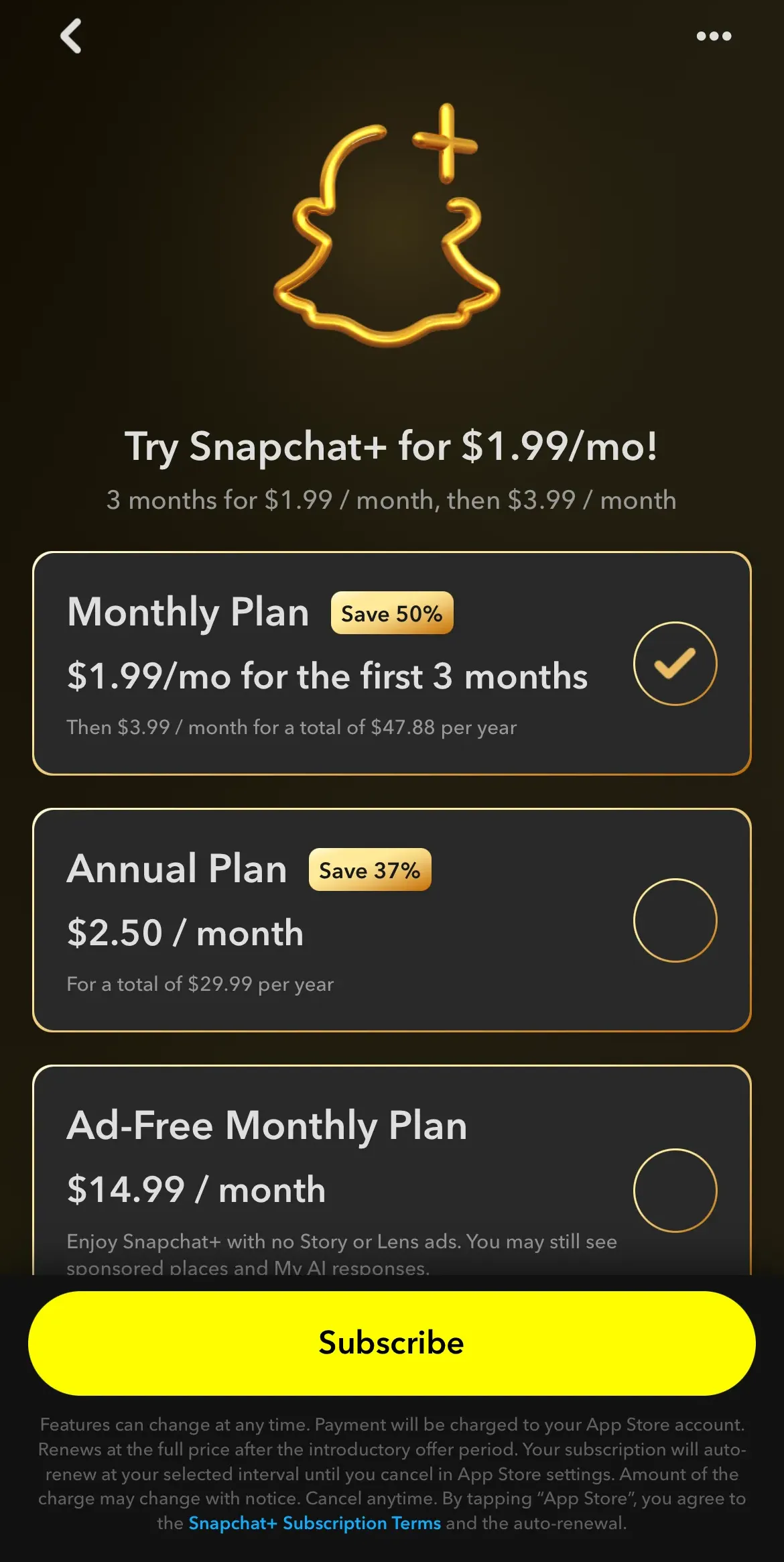 The paywall screen of the Snapchat app