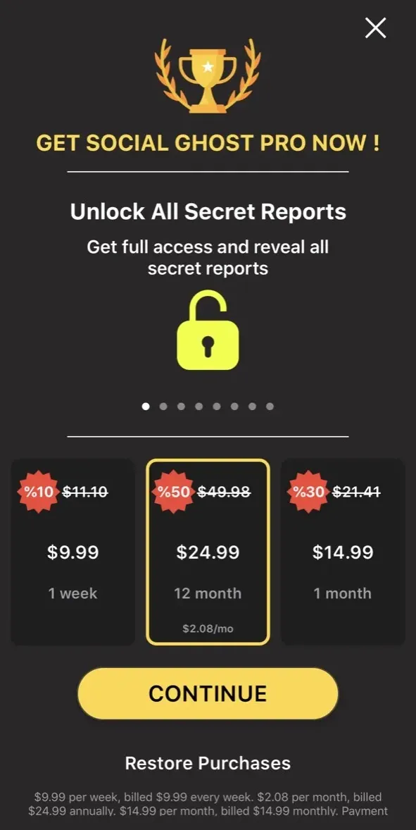 The paywall screen of the Social Ghost app