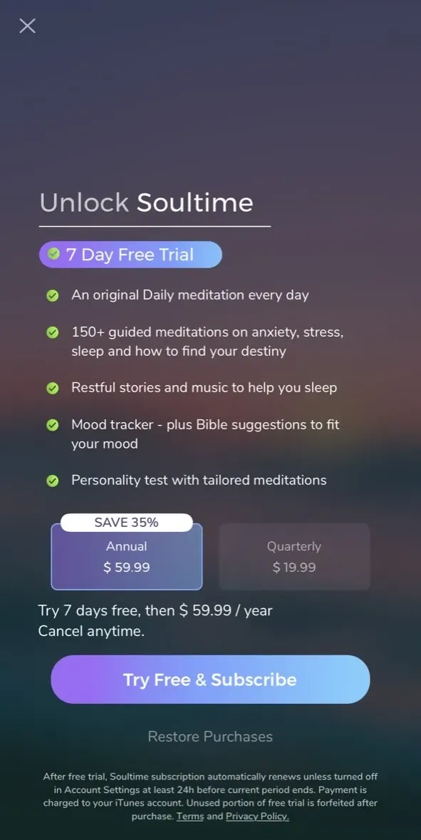 The paywall screen of the Soultime Christian Meditation app