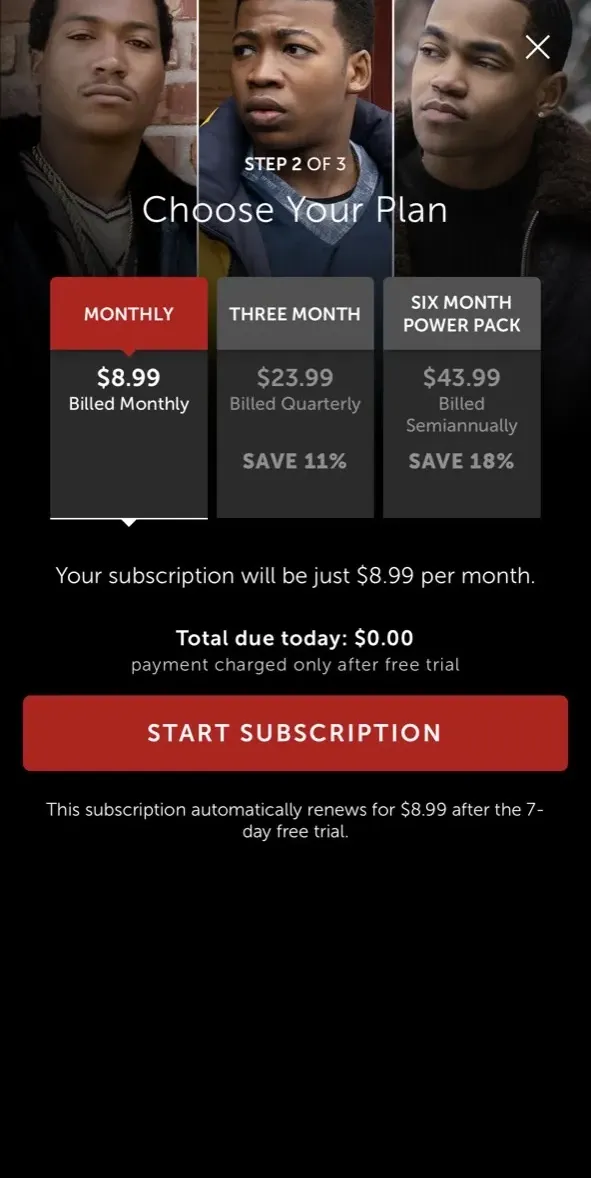 The paywall screen of the STARZ app