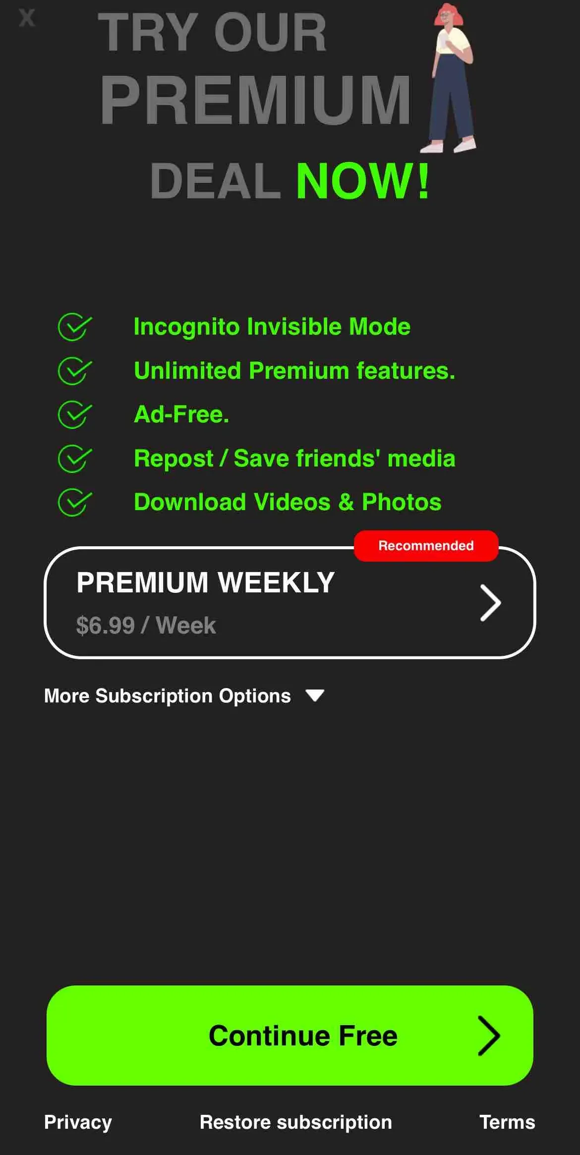 The paywall screen of the true app