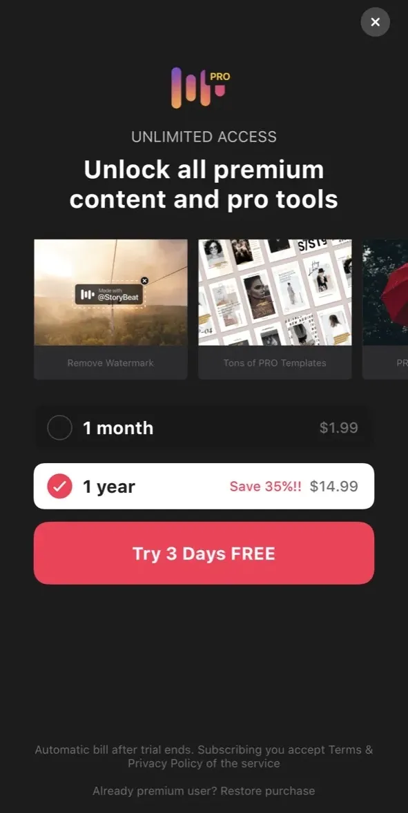 The paywall screen of the Storybeat app