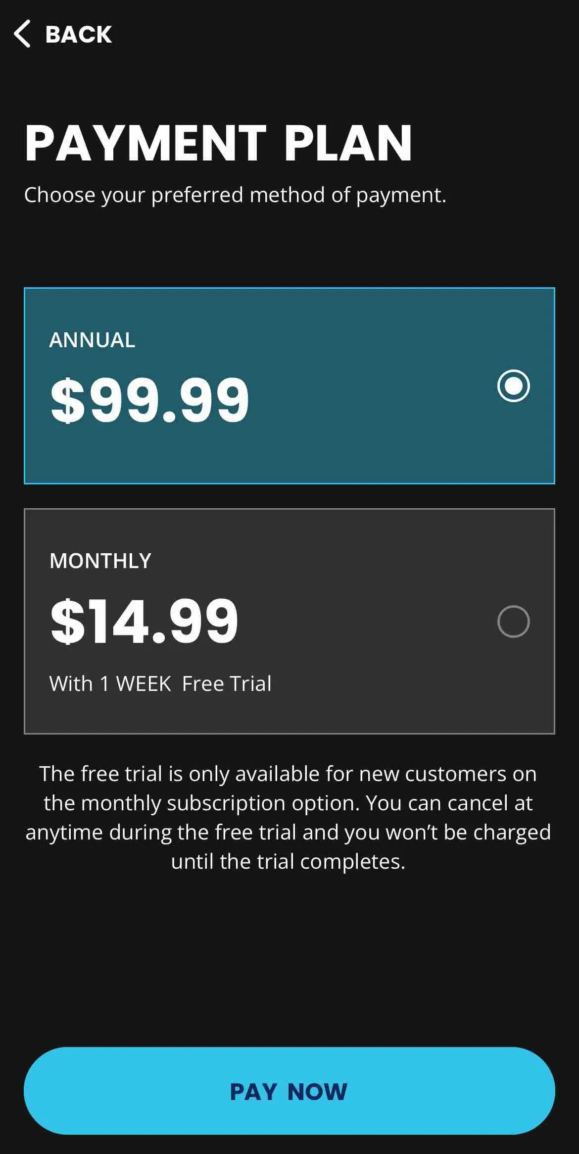 The paywall screen of the true app