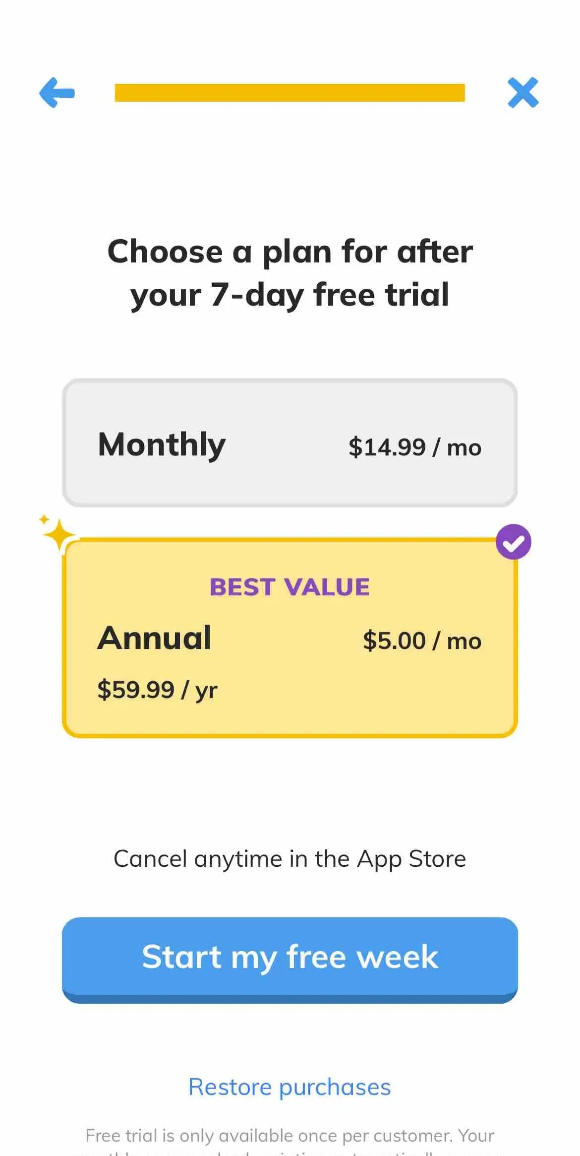 The paywall screen of the true app