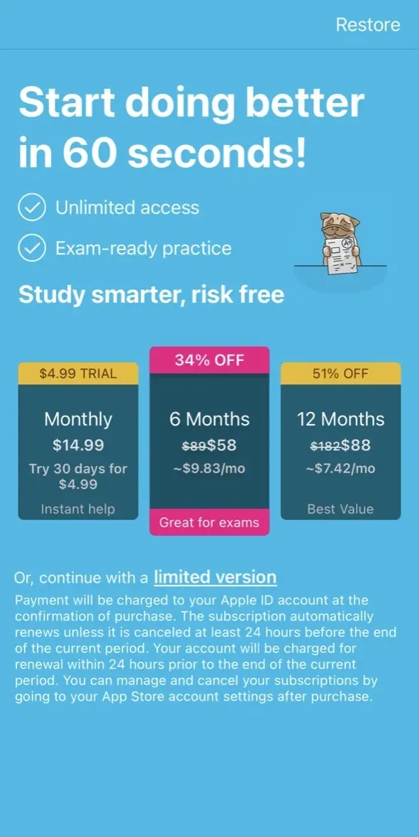 The paywall screen of the StudyPug app