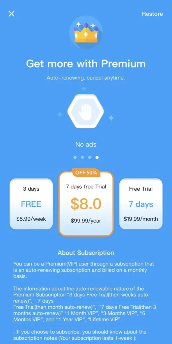 The paywall screen of the true app