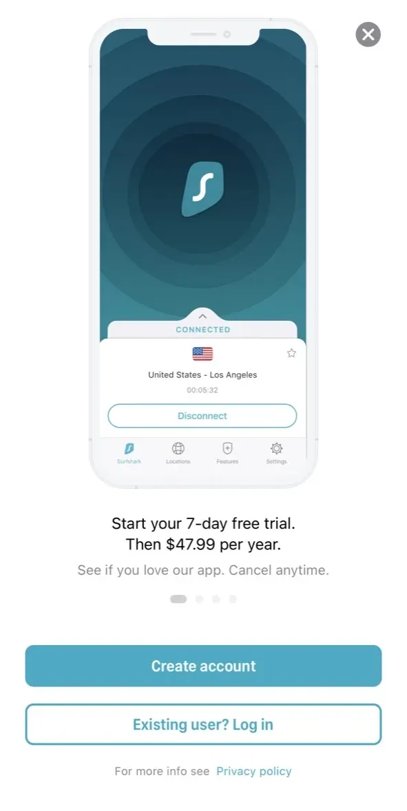 The paywall screen of the Surfshark VPN app