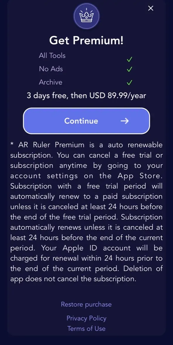 The paywall screen of the AR Ruler 3d app